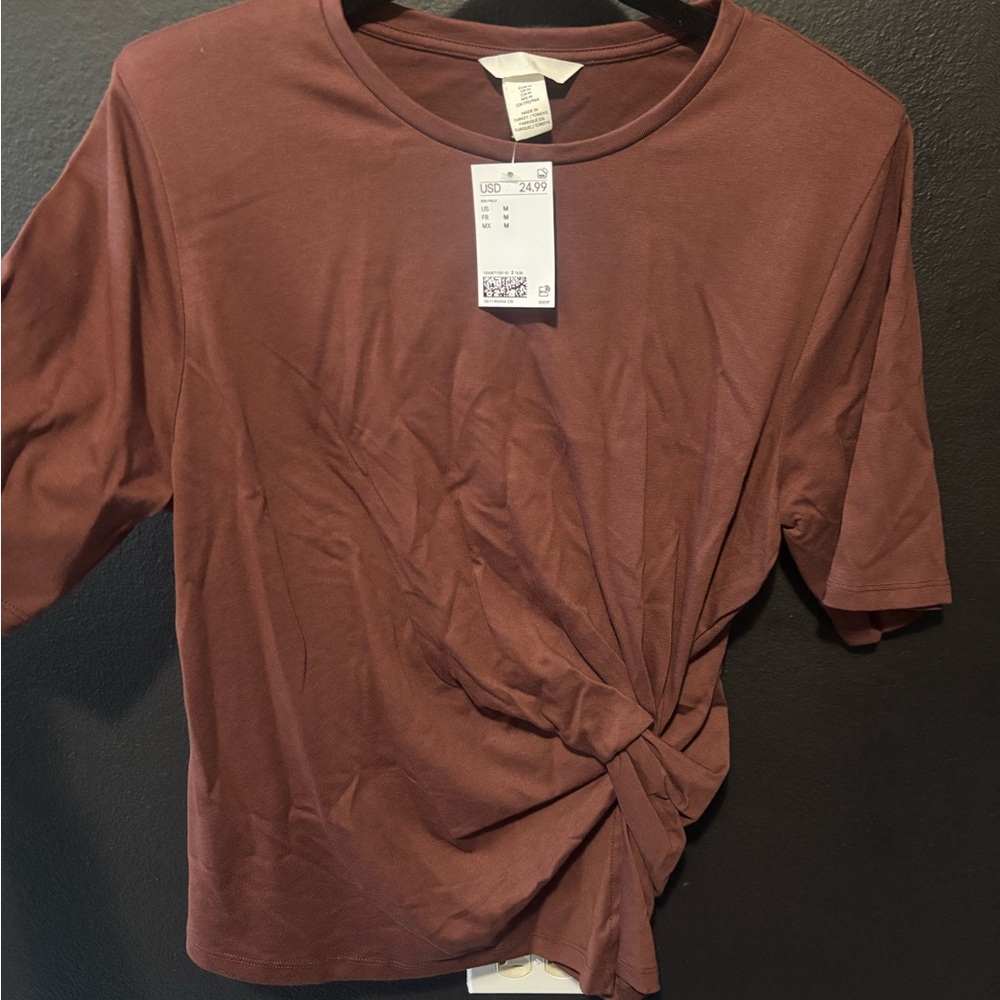 H&M Short Sleeve Knot Front Tee - Brown